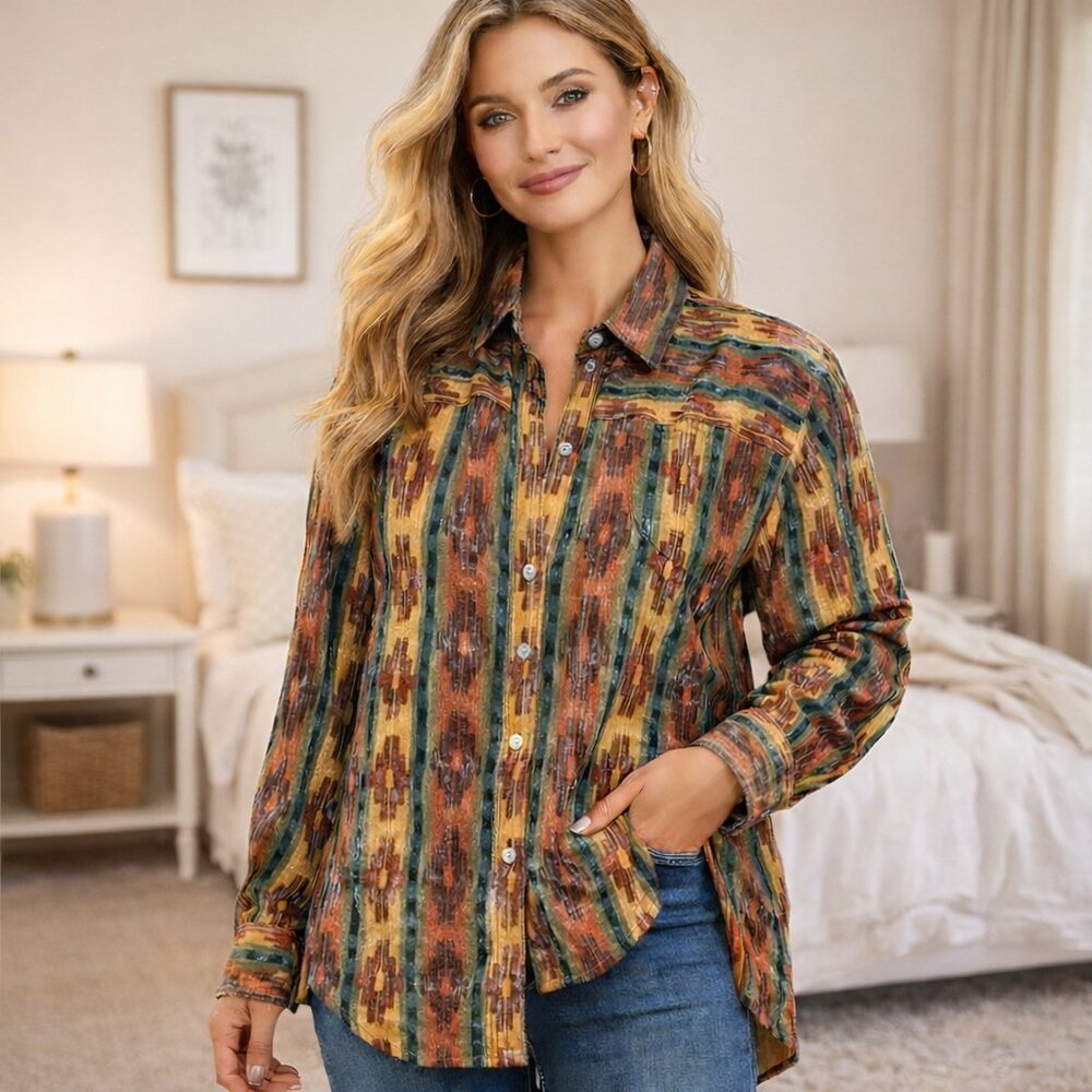 Roughrider Western Shirt XS Womens Long Sleeve Aztec Southwest Button Made USA‎